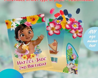 Plantilla de Moana para bebé: Merienda de frutas. Editable en CANVA.