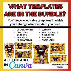 May include: A set of printable party favor templates featuring Mickey Mouse and the text "Oh Boy! Liam Turns 2". The templates are for candy bars, juice boxes, chip bags, ring pops, lollipops, small Pringles, rice Krispies, water labels, and sticker toppers. The templates are editable in Canva.