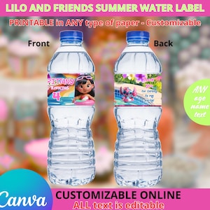 Lilo and Friends Summer Birthday Party - Water labels. Editable in CANVA