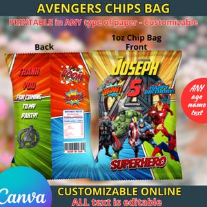 Op de afbeelding: Een aanpasbare Avengers-thema chipszak met de tekst "AVENGERS CHIPS BAG" bovenaan. De voorkant toont superheldenpersonages en de naam "JOSEPH" met "HAPPY BIRTHAY!". De achterkant zegt "THANK YOU FOR COMING TO MY PARTY!"