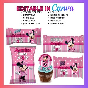 May include: Pink and white party favour bags with a Minnie Mouse design. The bags are decorated with polka dots, stripes, and the text "Aamira Turns 3".