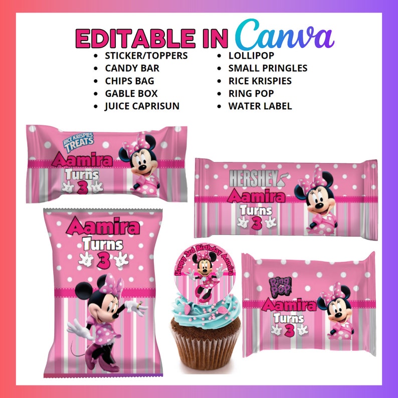 May include: Pink and white party favour bags with a Minnie Mouse design. The bags are decorated with polka dots, stripes, and the text "Aamira Turns 3".
