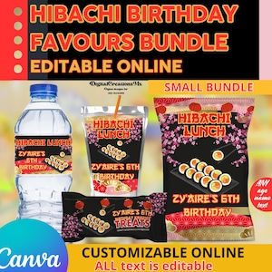 Hibachi Birthday Party Pack: water bottle, chip, rice krispies and juice labels. Edit yourself in CANVA.