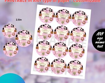 Cowgirl Birthday Stickers 2.5in templete. EDITABLE IN CANVA