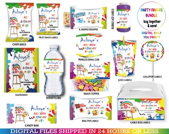 Art Party bundle Favors, water bottle, chip, candy bars, juice labels, bags and more. DIGITAL