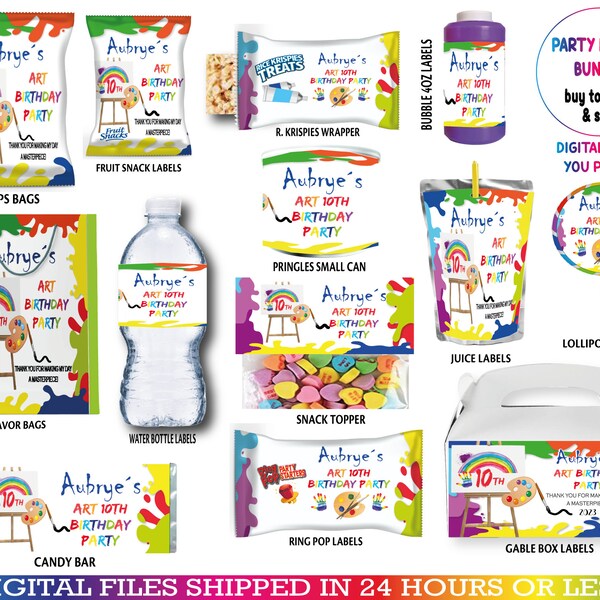 Art Party bundle Favors, water bottle, chip, candy bars, juice labels, bags and more. DIGITAL