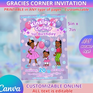 Birthday Gracie invitation template 5x7in. Printable and editable in CANVA