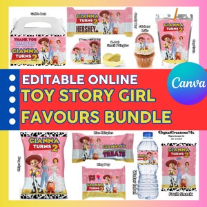 Toy Story Girl 10 Party Favors, water bottle, chip, candy bars, juice labels, and more. DIGITAL