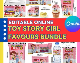 Toy Story Girl 10 Party Favors, water bottle, chip, candy bars, juice labels, and more. DIGITAL
