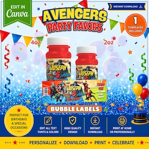 Inspirado nos Vingadores - Modelo de rótulo de bolha para frascos de 120ml e 60ml. Editável no Canvas.