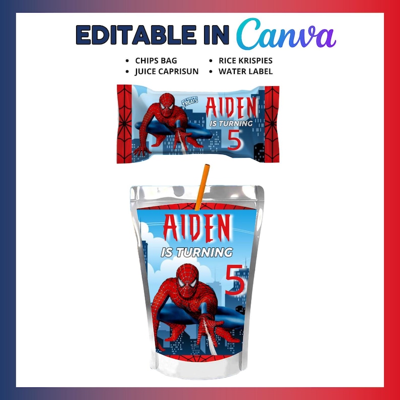 May include: Printable party favor labels featuring Spiderman. The labels are designed for juice boxes and candy bags. The labels feature a red and blue Spiderman character with the text "Aiden is turning 5".