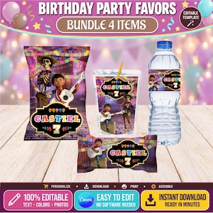 May include: A digital birthday party favor bundle featuring four items with a Coco-themed design. The set includes a chip bag, a juice pouch, a water bottle label, and a Rice Krispies treat wrapper, all personalized with the name Castiel and the number 7.