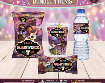 Coco Birthday 4 Party Favors, water bottle, chip, Rice Krispies and  juice labels. Edit yourself in CANVA.