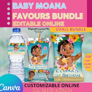 Moana-feestpakket, waterfles, patat, rijst, sapetiketten en water. Bewerkbaar in CANVA