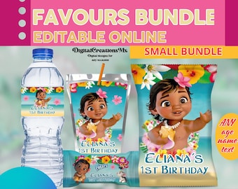 Moana 4 Party Pack, water bottle, chip, rice, juice labels and water. Edit yourself in CANVA.