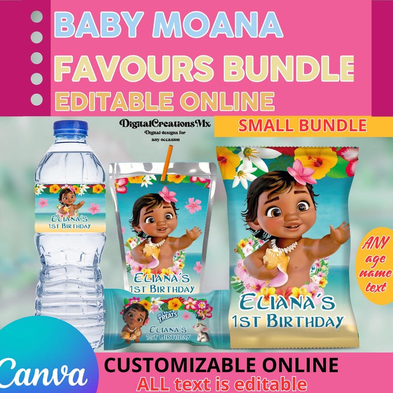 May include: A printable set of editable party favor labels featuring a cartoon baby Moana. The labels are designed for water bottles, juice boxes, and snack bags. The labels feature a tropical theme with flowers and a blue ocean background. The text on the labels reads "Eliana's 1st Birthday".