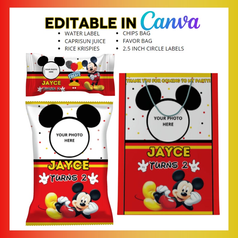 May include: Printable Mickey Mouse themed party favor bags and chip bags. The bags are red with yellow polka dots and feature a Mickey Mouse character. The text on the bags reads "Thank you for coming to my party!" and "Jayce Turns 2".