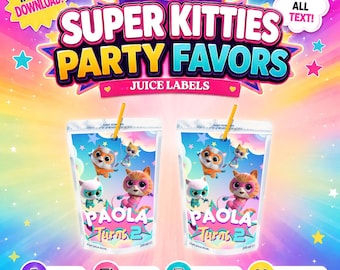 Plantilla Super Kitties Birthday Juice Caprisun. Editable en CANVA.