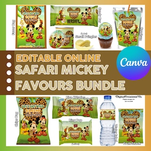 Mickey Safari Party Pack, water bottle, chip, candy bars, juice labels and more... EDITABLE IN CANVA
