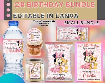 Minnie Mouse Baby Shower or birthday Party Favors, water bottle, chip, candy bars, thank you tags and more. EDITABLE IN CANVA