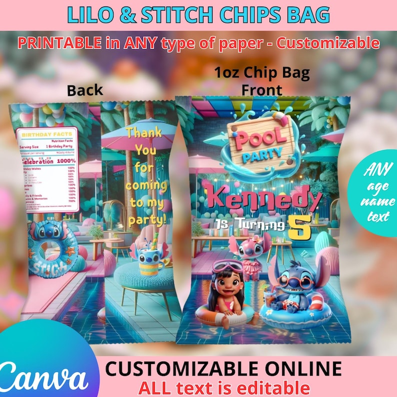 May include: A customizable Lilo & Stitch-themed chip bag design. The front features the text "Pool Party" and "Kennedy is turning 5", with Lilo and Stitch characters. The back says "Thank you for coming to my party!" and "Birthday Facts".