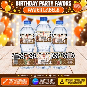 May include: Three clear plastic water bottles with blue caps, each featuring a label with a cow print pattern, cowboy boots, a lasso, and a cactus. The text on the labels reads Jeremy's First Rodeo and Thank You for coming to my party.