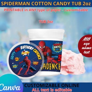 May include: Printable Spiderman themed cotton candy tub labels. The labels feature a cartoon Spiderman image and the text "Happy 4th Birthday Cadence". The labels are customizable with any age, name, and text.