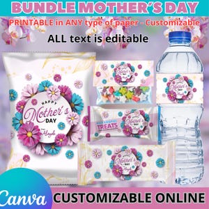 May include: Printable Mother's Day party favor bundle with a pink and blue floral design. Includes a bag, a water bottle label, a snack bag label, and a candy bag label. All text is editable. Customizable online.