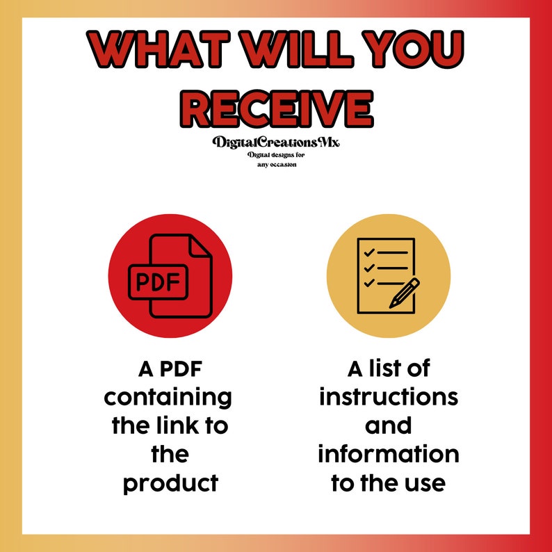 Puede incluir: Un c&iacute;rculo rojo con un icono PDF blanco en su interior y el texto "Un PDF que contiene el enlace al producto". Un c&iacute;rculo amarillo con un icono de lista de verificaci&oacute;n blanco y un l&aacute;piz en su interior y el texto "Una lista de instrucciones e informaci&oacute;n para el uso".