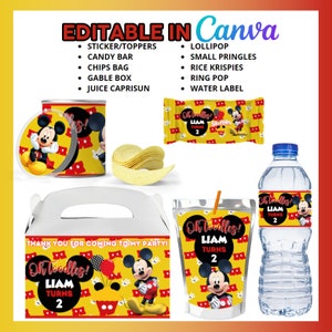 May include: Printable party favor labels featuring Mickey Mouse and the text "Oh Toodles! Liam Turns 2". The labels are designed for a variety of party favors, including candy bars, chip bags, gable boxes, juice boxes, water bottles, and small Pringle containers.