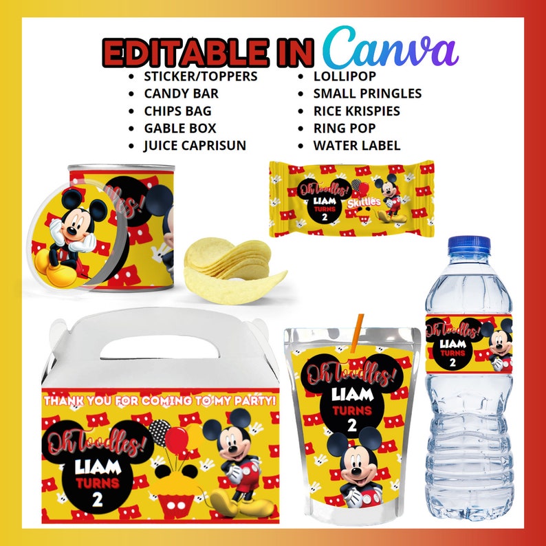 May include: Printable party favor labels featuring Mickey Mouse and the text "Oh Toodles! Liam Turns 2". The labels are designed for a variety of party favors, including candy bars, chip bags, gable boxes, juice boxes, water bottles, and small Pringle containers.