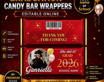 Graduation Red Candy bar 1.55oz. Editable in CANVA DIGITAL. Edit yourself in Canva