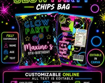 Etykieta na torebki z chipsami Glow Birthday Party. CYFROWA. Edytuj samodzielnie w CANVA.