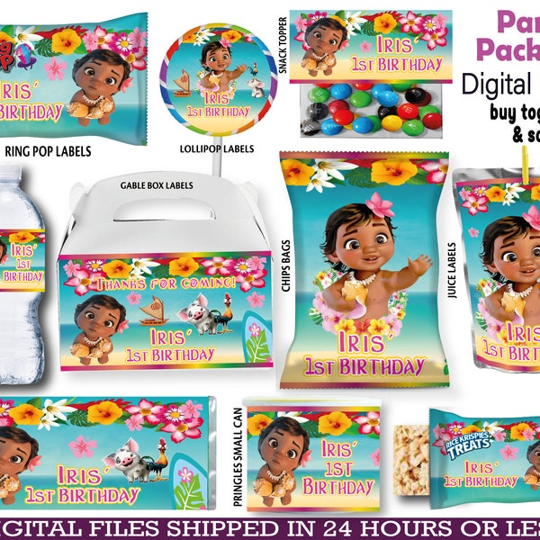 Labels For Moana Party Pack, water bottle, chip, candy bars, juice labels, thank you tags, activity,bags. DIGITAL