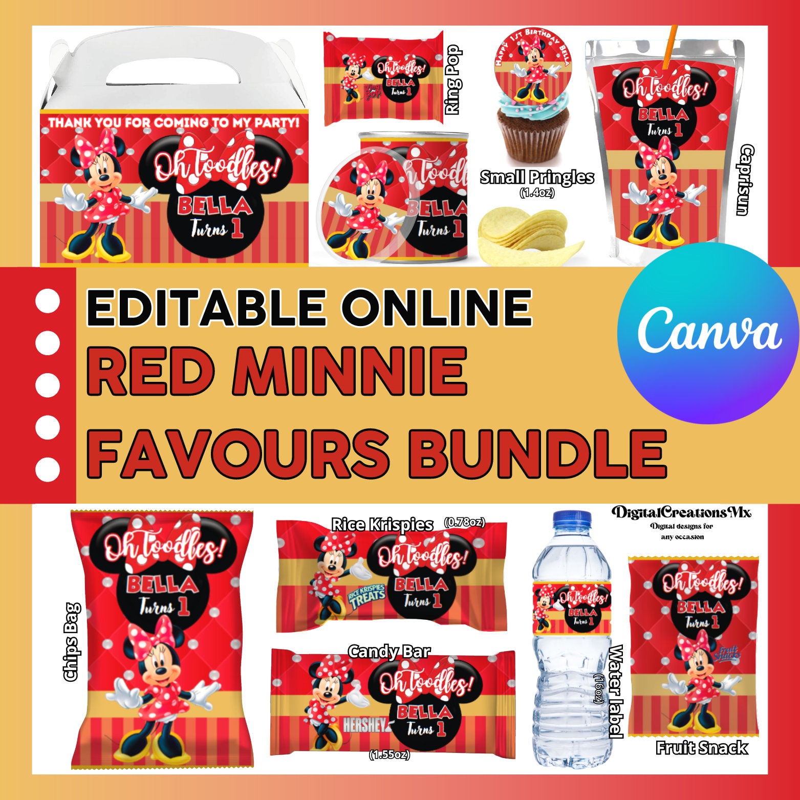 Minnie Mouse Red 10 Party Favors, water bottle, chip, candy bars, juice labels, gable box, fruit snack and more!!. DIGITAL ONLY