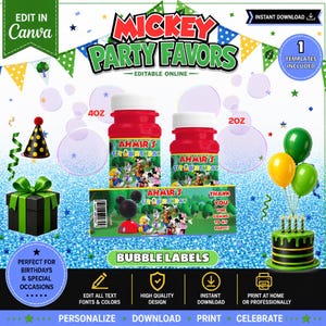 May include: A digital template for Mickey party favors featuring two red bubble bottles labeled 4oz and 2oz, and a rectangular label strip. The labels display the text 'Ahmir's 1st Birthday' with Mickey Mouse and friends graphics. Includes party icons.