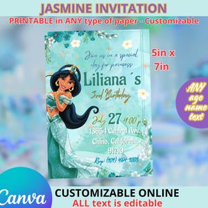 Jasmine Princess Invitation templete 5x7in . Editable in CANVA
