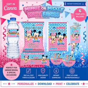 May include: A digital party favor template set featuring Minnie and Mickey Mouse graphics with pink and blue color schemes. Includes designs for water bottle labels, chip bags, gift tags, and circular stickers with text reading Minnie or Mickey Party Favors.