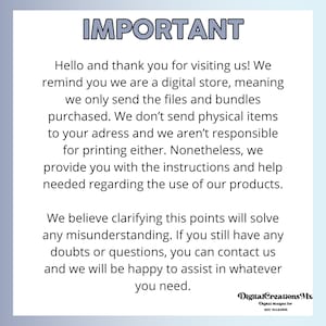 May include: Important information about a digital store. The text explains that the store sells digital files and bundles, not physical items. It also states that the store provides instructions and help for using the products.