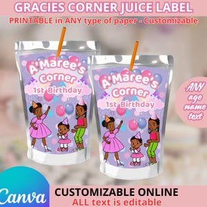 Birthday Gracies Juice Labels. Editable in CANVA