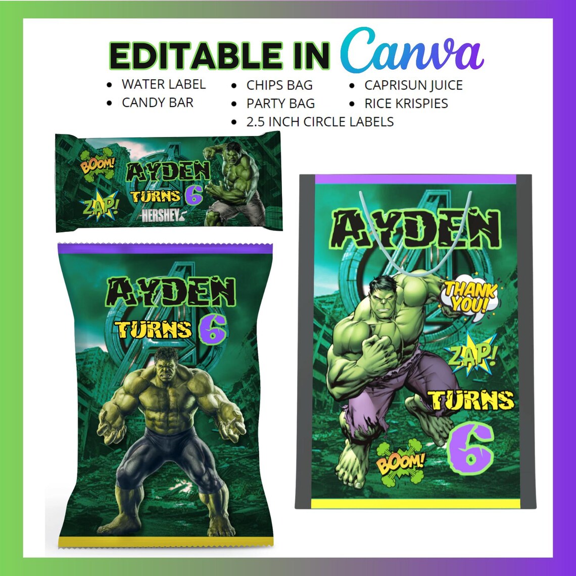 Hulk Labels Inspired Hulk 7 Party Favors, Water Bottle, Chip, Candy Bars, Juice ...