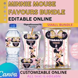 Minnie Mouse gold and pink 4 Party Favors, water bottle, chip, rice krispies, juice labels. DIGITAL ONLY