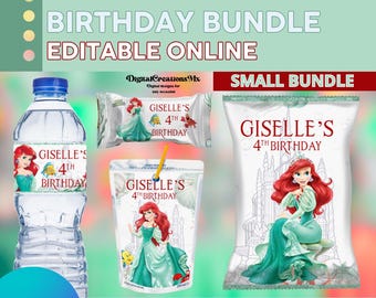 Princess Ariel the Little Mermaid 4 Party Favors, water bottle, chip, Rice Krispies and  juice labels. Edit yourself in CANVA.