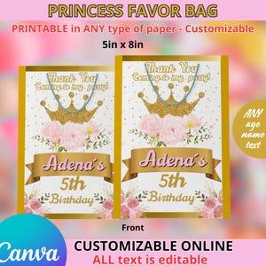 Princess Birthday - Favor bags templete. EDITABLE IN CANVA