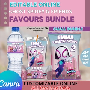 Puede incluir: Etiquetas de favor imprimibles editables con un personaje de dibujos animados con un disfraz rosa y blanco con el texto "Emma y sus incre&iacute;bles amigos 2". Las etiquetas son para botellas de agua, cajas de jugo y bolsas de golosinas.