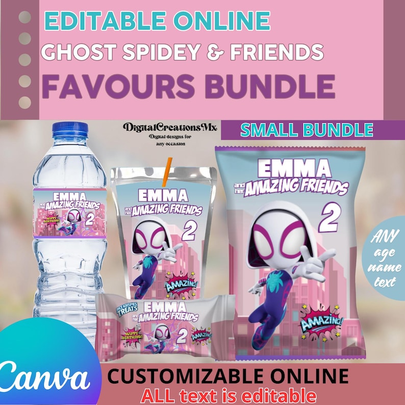 Puede incluir: Etiquetas de favor imprimibles editables con un personaje de dibujos animados con un disfraz rosa y blanco con el texto "Emma y sus incre&iacute;bles amigos 2". Las etiquetas son para botellas de agua, cajas de jugo y bolsas de golosinas.