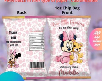Minnie Mouse Baby Shower or birthday Chips Bags. EDITABLE IN CANVA