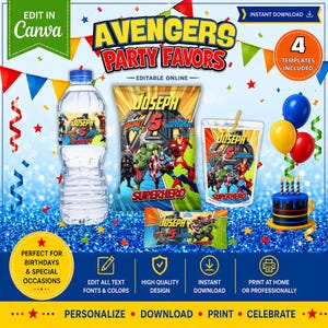 Inspired Avengers 4 Party Favors, water bottle, chip, candy bars, juice labels, and more. Edit yourself in CANVA.