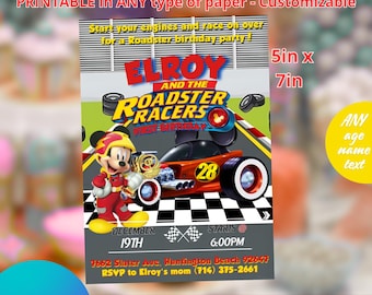 Convite Mickey e seus amigos Roadster Racers, modelo 5 x 7 polegadas. Editável no Canvas.