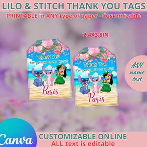 Etiquetas de agradecimiento de Lilo y Stitch. Editables en CANVA